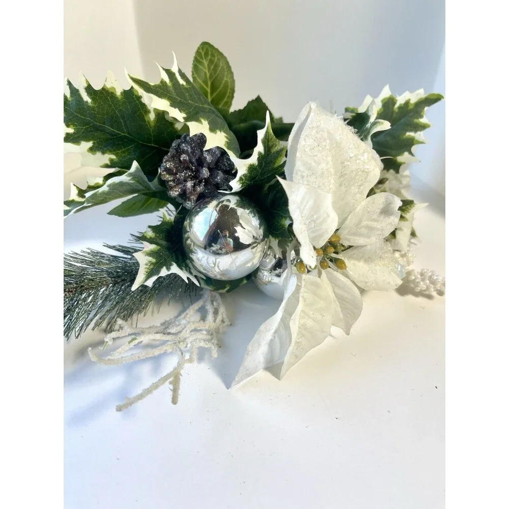 Lot of 3 White Artificial Poinsettias, Snowy pine and Sliver Ornaments